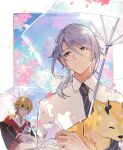  2134twone 2boys animal blonde_hair blue_sky border cat cherry_blossoms closed_mouth collared_shirt diagonal-striped_clothes diagonal-striped_necktie dog falling_petals genshin_impact green_eyes grey_eyes grey_hair hair_between_eyes highres holding holding_animal holding_umbrella kamisato_ayato male_focus mole mole_under_mouth multiple_boys necktie outdoors outside_border petals shirt short_sleeves sky smile striped_clothes thoma_(genshin_impact) transparent transparent_umbrella twitter_username umbrella white_border white_shirt 