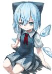  1girl 9302w_(user_wjpg8475) arm_support blue_bow blue_dress blue_eyes blue_hair bow cirno collared_shirt dress highres ice ice_wings looking_at_viewer red_ribbon ribbon shirt short_hair short_sleeves sitting smile solo touhou white_shirt wings 