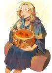  1girl artist_name blonde_hair blue_capelet blue_robe blush capelet choker closed_eyes closed_mouth commentary dungeon_meshi ear_blush eating elf food food_on_face fruit_bowl hair_between_eyes hair_over_shoulder happy hood hood_down hooded_capelet kadeart long_hair long_sleeves mandrake marcille_donato parted_bangs pointy_ears pumpkin robe sandals side_ponytail sitting smile solo soup sparkle symbol-only_commentary white_background 