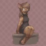  2022 anthro breasts brown_body brown_fur brown_hair brown_spots clothed clothing digital_media_(artwork) female fully_clothed fur hair hi_res hyaenid looking_at_viewer louart mammal signature simple_background sitting smile solo spots spotted_body spotted_fur 