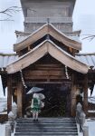  1girl absurdres architecture bare_tree east_asian_architecture from_behind green_skirt highres holding holding_umbrella konpaku_youmu konpaku_youmu_(ghost) landscape ourie short_hair shrine skirt snow snowing solo standing touhou tree umbrella white_hair 