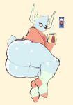 ambiguous_gender anthro big_butt blue_body blue_fur bottomless butt clothed clothing empty_eyes footwear fur hi_res horn mug small_tail socks solo sweater tail topwear undertale_(series) undertale_yellow unknown_artist unknown_species