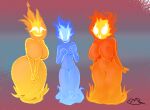  big_breasts blue_fire breasts colored_fire cung eyelashes featureless_breasts featureless_crotch featureless_feet female fire flaming_body flaming_hair full-length_portrait glowing glowing_eyes group humanoid nude organs pattern_background portrait pseudo_hair simple_background smile smiling_at_viewer stomach thick_thighs trio white_eyes 
