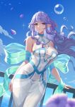  1girl bare_shoulders blue_sky blush breasts bubble character_request cloud commentary_request covered_navel cowboy_shot day dress du_mogu hair_between_eyes highres large_breasts long_hair looking_at_viewer maplestory petals pointy_ears purple_eyes purple_hair railing shawl sky solo standing very_long_hair white_dress 