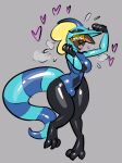 anthro banderi black_latex blue_body blue_eyes blue_latex bodily_fluids breasts bulge canid canine clothed clothing dune_(fox0808) fox generation_8_pokemon heart_symbol hearts_around_head inteleon latex latex_clothing latex_skinsuit male mammal nintendo pokemon pokemon_(species) reptile scalie simple_background skinsuit solo suiting sweat sweatdrop tail tight_clothing transpiration wide_hips
