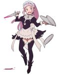  1girl apron bangs black_dress black_footwear black_legwear blunt_bangs blush breasts do_m_kaeru dress felicia_(fire_emblem) fire_emblem fire_emblem_fates full_body green_eyes holding holding_sword holding_tray holding_weapon juliet_sleeves long_hair long_sleeves looking_at_viewer maid maid_headdress medium_breasts open_mouth pink_hair ponytail puffy_sleeves short_sword simple_background solo straight_hair sword thighhighs tray waist_apron weapon white_apron white_background 