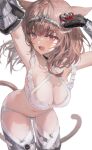  1girl animal_ears bra breasts brown_hair cat_ears cat_girl cat_tail cleavage cowboy_shot criss-cross_halter fang final_fantasy final_fantasy_xiv hair_ornament halterneck hashtag-only_commentary highres large_breasts leaning_forward looking_at_viewer medium_breasts miqo&#039;te navel open_mouth purple_eyes shikina_(mochigushi_) signature skin_fang slit_pupils solo tail underwear warrior_of_light_(ff14) white_bra 
