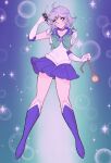  1990s_(style) 1girl ahoge bare_legs between_fingers bishoujo_senshi_sailor_moon blue_eyes blue_footwear blue_sailor_collar blue_skirt blush boots bow bowtie braid breasts circlet collarbone cosplay dreamysuite elbow_gloves full_body gloves green_bow green_bowtie grey_hair hair_bow highres holding holding_knife holding_pocket_watch izayoi_sakuya knee_boots knife knives_between_fingers leotard looking_at_viewer medium_breasts medium_hair miniskirt pleated_skirt pocket_watch retro_artstyle sailor_collar sailor_mercury sailor_mercury_(cosplay) sailor_mercury_pose sailor_senshi_uniform short_sleeves skirt solo thighs touhou twin_braids watch white_gloves white_leotard 