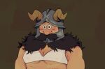  1boy bara beard blush bra brown_hair chest_sarashi covered_nipples derivative_work dungeon_meshi dwarf facial_hair fake_horns helmet highres horned_helmet horns long_beard male_focus pectoral_cleavage pectorals plump sanpaku sarashi screenshot_redraw senshi_(dungeon_meshi) sharkflan solo thick_mustache underpec underwear upper_body very_long_beard 