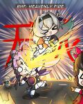  &gt;_&lt; 4girls :d black_hair black_hairband brown_hair chibi commentary english_commentary firefly_(honkai:_star_rail) fu_xuan_(honkai:_star_rail) grey_hair hair_intakes hairband highres honkai:_star_rail honkai_(series) in_the_face laughing long_hair mahjong mahjong_tile multiple_girls nepnepping pink_hair pointing pointing_at_another qingque_(honkai:_star_rail) rider_kick smile sparkle_(honkai:_star_rail) spoilers xd 