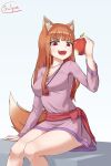  1girl :3 :d absurdres animal_ear_fluff animal_ears apple bitten_apple blunt_bangs blush breasts brown_hair cleavage collarbone commentary curvy dress fangs feet_out_of_frame food food_bite fruit highres holding holding_food holding_fruit holo knees_together_feet_apart long_hair long_sleeves looking_at_viewer medium_breasts open_mouth purple_dress red_apple red_eyes short_dress sidelocks signature simple_background sitting smile smug solo spice_and_wolf ssalyun straight_hair tail teeth thighs tsurime upper_teeth_only v-shaped_eyebrows white_background wolf_ears wolf_girl wolf_tail 