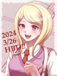  1girl :d ahoge akamatsu_kaede blush collared_shirt danganronpa_(series) danganronpa_v3:_killing_harmony dated hair_ornament happy_birthday highres matsushima_(mtsmhr) musical_note musical_note_hair_ornament necktie pink_background pink_eyes pink_sweater_vest red_necktie shirt smile solo sweater_vest teeth upper_teeth_only white_background white_shirt 