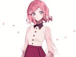 1girl blush_stickers buttons collared_shirt flower grey_eyes hair_flower hair_ornament long_sleeves looking_to_the_side maco22 original parted_lips petals pink_hair see-through see-through_sleeves shirt short_hair skirt solo 