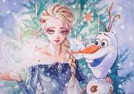  1girl 1other arm_up blue_dress blue_eyes braid braided_ponytail candle carrot dress elsa_(frozen) eyelashes eyeshadow frozen karin_park light_smile looking_to_the_side makeup olaf_(frozen) side_ponytail signature snow upper_body 