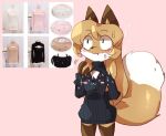 anthro averi_(fiddleafox) brown_body brown_fur canid canine cleavage_cutout clothing cutout dipstick_tail female female_anthro fiddleafox fox fur gloves_(marking) green_eyes hair hand_behind_back leg_markings mammal markings playing_with_hair simple_background socks_(marking) solo standing sweater tail tail_markings topwear white_body white_fur