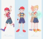  4boys back-to-back backpack bag baseball_bat black_hair blonde_hair blue_eyes blue_footwear blue_shorts brown_bag brown_shorts casting_spell claus_(mother_3) full_body green_eyes hand_on_own_hip holding holding_baseball_bat lucas_(mother_3) male_focus memi_(gamemix) mother_(game) mother_1 mother_2 mother_3 multiple_boys neckerchief ness_(mother_2) ninten orange_footwear over_shoulder red_footwear red_hat red_neckerchief red_socks shirt shoes short_hair shorts sideways_hat smile socks striped_clothes striped_shirt waving yo-yo 