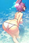  1girl ahoge ass bikini breasts crossed_legs from_behind headgear highres kantai_collection large_breasts leaning_forward lens_flare looking_at_viewer looking_back purple_hair short_hair solo swimsuit tenryuu_(kancolle) tomoyuki_kotani wading white_bikini yellow_eyes 