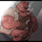  2022 anthro balls belly big_belly black_nose blush canid canine canis clothed clothing domestic_dog erection genitals hi_res humanoid_genitalia humanoid_hands humanoid_penis kemono male mammal navel open_clothing open_shirt open_topwear overweight overweight_male penis shirt solo suishou0602 topwear 