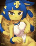 animal_crossing ankha_(animal_crossing) anthro areola biped blue_hair breasts clothed clothing domestic_cat felid feline felis female fingers hair hi_res looking_at_viewer mammal navel nintendo pupils rilex_lenov solo yellow_body