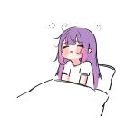  absurdres alternate_costume buibui chibi chibi_only closed_eyes hashtag-only_commentary highres hololive long_hair multicolored_hair on_bed pink_hair pointy_ears purple_hair shirt squeans streaked_hair t-shirt tokoyami_towa under_covers virtual_youtuber waking_up white_shirt 