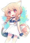  1girl :3 animal_ears ball beachball blush brown_hair cat_ears cat_girl cat_tail dress fang holding holding_ball long_hair looking_at_viewer low_twintails nekonooteteumai open_mouth original panties panty_peek red_eyes sleeveless sleeveless_dress smile solo tail twintails underwear wristband 