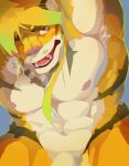 armpit_hair blonde_hair body_hair felid genitals green_hair hair kukku_kuu lifewonders long_hair looking_at_viewer macan_(tas) male mammal multicolored_hair nipples one_eye_obstructed pantherine pecs penis penis_base raised_arms solo tiger tokyo_afterschool_summoners two_tone_hair