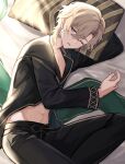  1boy absurdres aventurine_(honkai:_star_rail) bed bed_sheet black_pajamas blonde_hair hair_between_eyes highres honkai:_star_rail honkai_(series) long_sleeves looking_at_viewer male_focus midriff midriff_peek momeme92 multicolored_eyes navel official_alternate_costume on_bed one_eye_closed open_mouth pajamas pillow solo two-tone_eyes 