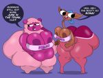  alpaca antelope anthro areola belly big_belly big_breasts big_butt blue_hair bovid breasts breathotter butt camelid centaurworld clothing dialogue duo female fur gerenuk glendale_(centaurworld) hair hi_res hooves huge_butt mammal netflix overweight overweight_female pink_body pink_fur purple_body text text_on_clothing thick_thighs true_antelope wammawink 