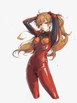  1girl :| absurdres arms_up blue_eyes bodysuit breasts closed_mouth collar cropped_legs green_collar hair_between_eyes hair_ornament highres interface_headset long_hair looking_at_viewer medium_breasts multicolored_bodysuit multicolored_clothes neon_genesis_evangelion orange_hair pilot_suit plugsuit red_bodysuit rongzhen simple_background skin_tight solo souryuu_asuka_langley test_plugsuit twintails white_background 