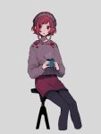  1girl blush cup hairband highres holding holding_cup long_sleeves looking_to_the_side maco22 mug original pantyhose parted_lips pencil_skirt red_eyes red_hair short_hair_with_long_locks sitting skirt solo stool sweater 