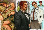  1boy bara belt black_jacket bow bowtie brown_belt brown_hair closed_eyes closed_mouth collared_shirt facial_hair hands_in_pockets harvey_(stardew_valley) highres jacket jewelry large_pectorals lying male_focus muscular muscular_male mustache necktie on_side pectorals ring shirt short_hair sleeping stardew_valley stethoscope tank_top twitter_username umikochannart white_shirt white_tank_top 