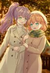  2girls :d absurdres aqua_eyes argyle_clothes argyle_scarf arm_grab beret blurry blurry_background blush brown_coat buttons cerise_bouquet coat crossed_bangs double-breasted flower flower_necklace green_eyes green_scarf hat high_ponytail highres hinoshita_kaho link!_like!_love_live! long_hair long_sleeves looking_at_another love_live! medium_hair multiple_girls open_mouth orange_hair otomune_kozue purple_hair scarf smile sweater turtleneck turtleneck_sweater two_side_up virtual_youtuber white_hat white_sweater yutuki_ame 