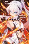  1girl ahoge arm_up armor armpits bare_shoulders belly blue_eyes breasts earrings feather_hair_ornament feathers fiery_background fire flaming_eye flaming_hand hair_between_eyes hair_ornament highres honkai_(series) honkai_impact_3rd jewelry kiana_kaslana kiana_kaslana_(herrscher_of_flamescion) long_hair looking_at_viewer m78_zaitao_ao_te_zhanshi medium_breasts multicolored_hair ponytail red_background second-party_source two-tone_hair upper_body very_long_hair white_armor white_hair 