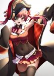  1girl arm_up armpits arrow_through_heart ascot black_choker black_coat black_hair black_thighhighs breasts choker coat covered_navel cropped_jacket eyepatch frilled_choker frills fukuzawa_yukichi_(egoist867) hair_ribbon hat highres hololive houshou_marine houshou_marine_(1st_costume) jacket large_breasts leotard leotard_under_clothes long_hair looking_at_viewer miniskirt open_mouth pirate_hat red_ascot red_coat red_eyes red_hair red_jacket red_ribbon red_skirt ribbon skirt sleeveless sleeveless_jacket sleeves_past_fingers sleeves_past_wrists smile solo thighhighs twintails two-sided_coat two-sided_fabric virtual_youtuber white_background 