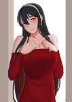  1girl absurdres bangs bare_shoulders black_hair blush bra_strap breasts cleavage collarbone commentary dress earrings eyebrows_visible_through_hair grey_hairband hair_between_eyes hairband hands_on_own_chest head_tilt highres jewelry large_breasts long_hair long_sleeves looking_at_viewer off-shoulder_dress off-shoulder_sweater off_shoulder red_dress red_eyes red_sweater smile solo spy_x_family sweater sweater_dress upper_body very_long_hair white_background yor_briar yuki_(sakamoto_yuki12) 