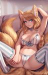  1girl animal_ears arm_up armpits bangs blonde_hair blue_eyes bra breasts cleavage collar fox_ears fox_girl fox_tail highres large_breasts long_hair looking_at_viewer multiple_tails navel original paid_reward_available panties parted_lips personal_ami sitting smile solo spread_legs striped striped_bra striped_legwear striped_panties tail thighhighs underwear vertical-striped_legwear vertical_stripes 