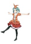  1girl absurdres aqua_hair black_legwear closed_mouth commentary_request dress expressionless full_body googly_eyes green_eyes green_legwear highres layered_dress looking_at_viewer monogatari_(series) multicolored_clothes nijizuki_shino no_shoes ononoki_yotsugi orange_dress orange_headwear outstretched_arms puffy_short_sleeves puffy_sleeves short_hair short_sleeves simple_background solo spread_arms standing standing_on_one_leg striped striped_legwear thick_eyebrows thighhighs two-tone_legwear white_background 