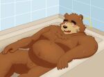  2022 anthro balls band-aid bandage bathtub belly big_belly blush brown_body brown_fur censored detailed_background fur genitals hi_res humanoid_hands kemono lifewonders male mammal micropenis moobs overweight overweight_male penis small_penis solo tokyo_afterschool_summoners ursid video_games volos yaki_atsuage 