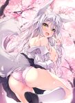  1girl :d animal_ears areola_slip ass black_footwear black_skirt blush branch breasts collared_shirt commentary_request covering_one_breast covering_privates dress_shirt fang flower fox_ears fox_girl fox_tail grey_hair hair_between_eyes hand_up highres kneehighs large_breasts loafers long_sleeves looking_at_viewer looking_back off_shoulder open_clothes open_shirt original panties pink_flower pleated_skirt shirt shoe_soles shoes skirt smile socks solo striped_clothes striped_panties tail tateha_(marvelous_grace) tree underwear v white_shirt white_socks yellow_eyes 