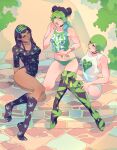  3girls ass black_hair delicourse ermes_costello foo_fighters green_hair green_lips green_panties green_tank_top hello_kitty highres jewelry jojo_no_kimyou_na_bouken kujo_jolyne leotard marijuana meme multiple_girls necklace panties tank_top thighhighs underwear white_tank_top 