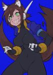  1girl absurdres aile_(mega_man_zx) animal_ear_fluff animal_ears black_bodysuit blue_background blue_jacket blush bodysuit bodysuit_under_clothes breasts brown_hair brown_tail buzzlyears commentary covered_collarbone covered_navel cropped_jacket dog_ears dog_girl dog_tail faux_traditional_media glowing green_eyes highres jacket large_breasts long_hair looking_at_viewer mega_man_(series) mega_man_zx mega_man_zx_advent no_pants open_clothes open_jacket ponytail robot_ears sharp_teeth simple_background smile smirk solo tail teeth 