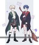  2boys ascot bandaid bandaid_on_knee bandaid_on_leg bird black_coat black_shorts black_socks black_sweater bow bowtie broom cage chuchumimipupu coat commentary_request dio_brando frown grey_shirt gryffindor hawk highres holding holding_broom holding_cage jojo_no_kimyou_na_bouken jonathan_joestar letter male_focus multiple_boys pet_shop phantom_blood red_bow red_bowtie shirt short_shorts shorts slytherin smile socks star_(symbol) sweater two-sided_coat two-sided_fabric wizarding_world yellow_ascot 