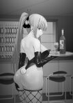  1girl animal_ears ass bar_(place) bare_shoulders blunt_bangs bottle butterfly_hair_ornament commentary_request cup drinking_glass elbow_gloves fake_animal_ears fake_tail fishnet_thighhighs fishnets gloves go-toubun_no_hanayome greyscale hair_ornament hair_ribbon highres holding holding_tray kosmos_beta leotard long_hair looking_at_viewer monochrome nakano_nino paid_reward_available playboy_bunny ponytail rabbit_ears rabbit_tail ribbon solo standing strapless strapless_leotard tail thighhighs tray wine_bottle wine_glass 