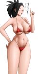  1girl armpits asymmetrical_bangs bikini black_hair boku_no_hero_academia breasts change_in_common_sense closed_eyes commentary_request excessive_pubic_hair female_pubic_hair forehead groin highleg highleg_bikini highres large_breasts micro_bikini navel pubic_hair red_bikini senju_(snz0) simple_background skindentation solo standing stomach string_bikini swimsuit translation_request white_background yaoyorozu_momo 