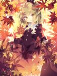  1girl ahoge aki_shizuha autumn autumn_leaves bangs blonde_hair blush buttons collared_dress commentary dress hair_ornament head_tilt highres leaf_hair_ornament long_sleeves nikorashi-ka red_dress short_hair skirt_hold smile solo touhou yellow_eyes 