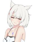  1girl animal_ear_fluff animal_ears bare_shoulders breasts cat_ears cat_girl chest_jewel cleavage closed_mouth collarbone commentary english_commentary medium_hair mio_(xenoblade) sad simple_background small_breasts solo succducc888 upper_body white_background white_hair xenoblade_chronicles_(series) xenoblade_chronicles_3 yellow_eyes 