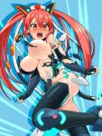  1girl ai_yori_akashi areola_slip armored_boots bare_shoulders blush boots breasts cosmic_break cosmic_break_2 crying crying_with_eyes_open defeat highres large_breasts leg_up looking_at_viewer mecha_musume mialy open_mouth red_eyes red_hair scared tears teeth thighhighs torn_clothes twintails upper_teeth_only 