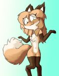 absurd_res anthro averi_(fiddleafox) brown_body brown_fur canid canine dipstick_tail female female_anthro fox fur gesture gloves_(marking) green_eyes hair hi_res leg_markings looking_at_viewer mammal markings shrug simple_background socks_(marking) solo standing tail tail_markings unknown_artist white_body white_fur