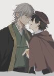  2boys absurdres azuki_(aduki) black_hair brown_capelet brown_hat bungou_stray_dogs capelet closed_eyes closed_mouth collared_shirt commentary_request edogawa_ranpo_(bungou_stray_dogs) facing_another fukuzawa_yukichi_(bungou_stray_dogs) green_kimono grey_background grey_eyes grey_hair hair_between_eyes haori hat highres jacket japanese_clothes kimono long_sleeves looking_at_another male_focus medium_hair multiple_boys shirt short_hair simple_background smile yaoi yukata 