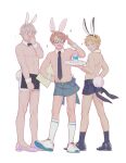  3boys absurdres america_(hetalia) animal_ears ankle_socks axis_powers_hetalia bare_pectorals calf_socks covering covering_crotch covering_mouth denim denim_skirt detached_collar embarrassed fake_animal_ears fake_tail fingers_to_head hand_on_hip heel-less_heels highres holding holding_tray huacai looking_at_viewer male_focus male_playboy_bunny multiple_boys pectorals russia_(hetalia) salute skirt smile socks tail tray two-finger_salute united_kingdom_(hetalia) wrist_cuffs 